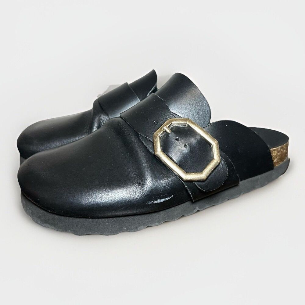 Bio Green Black Leather Buckle Clog‎ Slip On Shoes Women's US 7/ EU 38